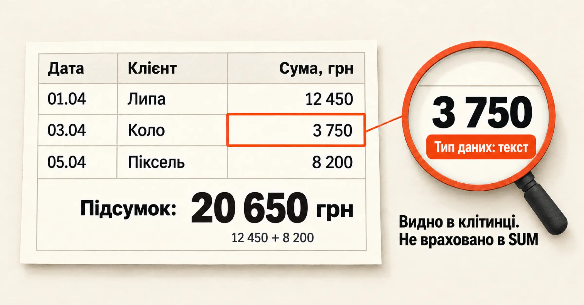 Приклад суми, збереженої як текст у Google Sheets і не врахованої у підсумку